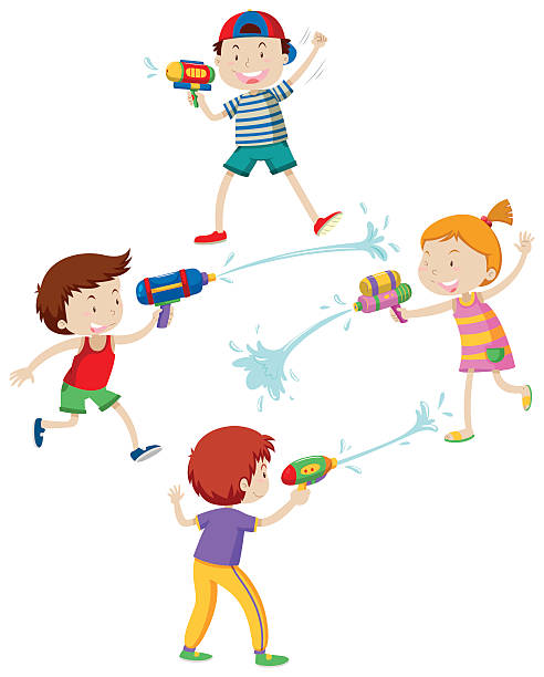 ilustraciones, imágenes clip art, dibujos animados e iconos de stock de niños jugando con pistola de agua - toy gun