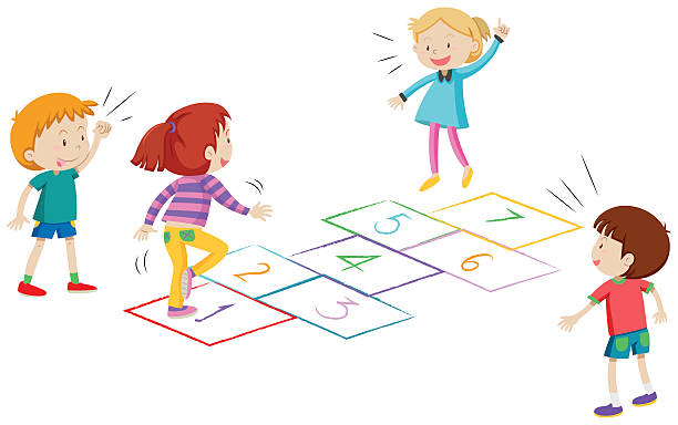 Boys and girls playing hopscotch Boys and girls playing hopscotch illustration hopscotch stock illustrations