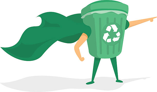 Green recycle bin super hero with cape vector art illustration