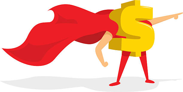 Money dollar sign super hero with cape Cartoon illustration of gold dollar sign saving the day super money stock illustrations