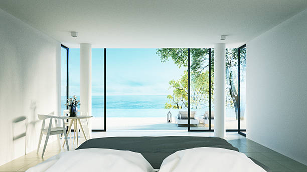 The Modern Bedroom - Sundeck on Sea view The Modern Bedroom - Sundeck on Sea view for vacation and summer hotel window view stock pictures, royalty-free photos & images