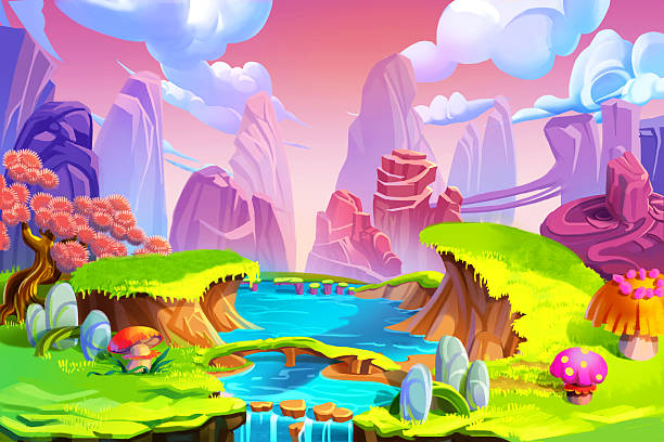Color in Nature River Realistic Fantastic Cartoon Style Artwork Scene Creative Illustration and Innovative Art: Color in Nature! The Mountain, River and Green Grass. Realistic Fantastic Cartoon Style Artwork Scene, Wallpaper, Story Background, Card Design ethereal illustrations stock illustrations