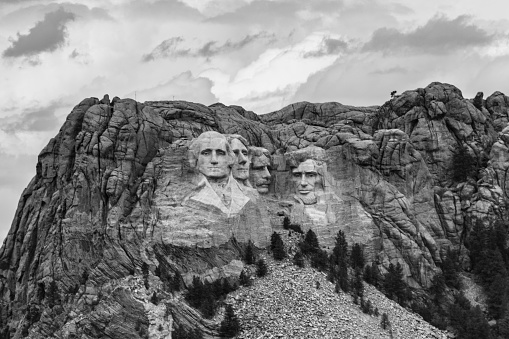 A black and white view of Mount Rushmore