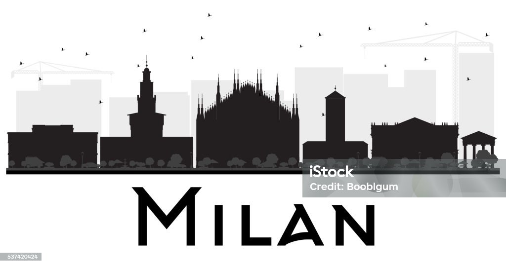Milan City skyline black and white silhouette. Milan City skyline black and white silhouette. Vector illustration. Simple flat concept for tourism presentation, banner, placard or web site. Business travel concept. Cityscape with landmarks Milan stock vector
