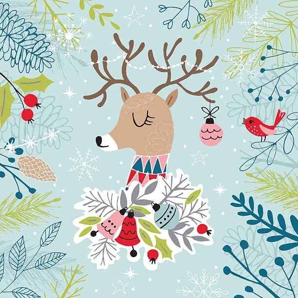 Vector illustration of Christmas greeting card design with reindeer. Hand drawing vector illustration