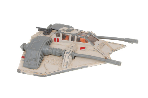 Adelaide, Australia - May 24, 2016: A Vintage Snowspeeder Star Wars Toy Vehicle isolated on a white background. Merchandise from the Star Wars universe are highly sought after collectables.