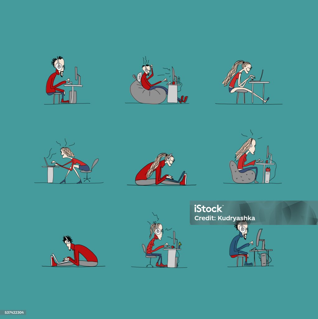 Programming Office Drawing Programmers At Work Office Life Sketch For Your Design Stock ...