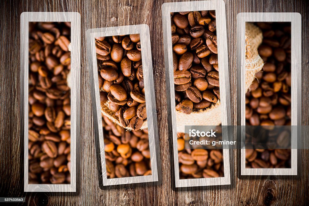 Coffee beans in the sack Coffee beans on grunge wooden background 2015 Stock Photo