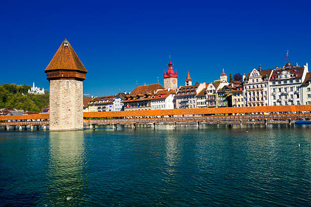 Historic city center of Lucern with Chapel bridge stock photo