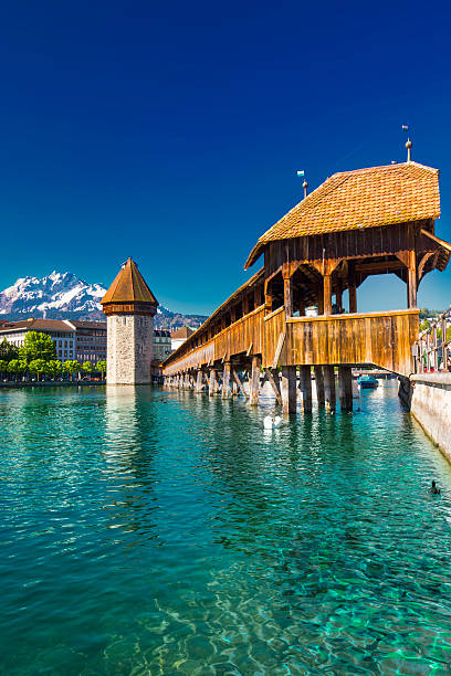 Historic city center of Lucern with Chapel bridge stock photo