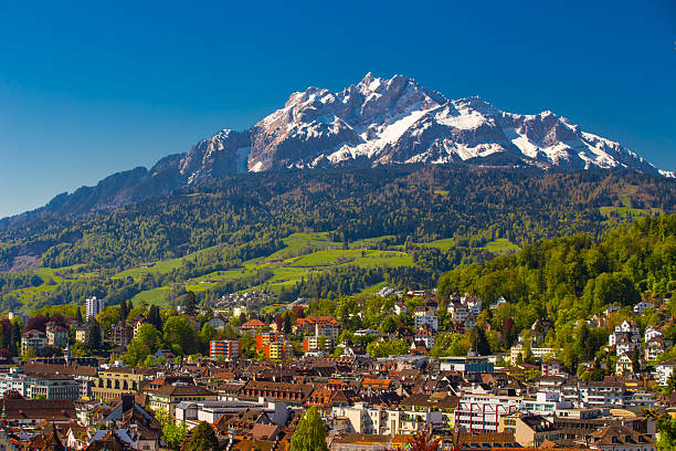 Historic city center of Lucerne with Pilatus mountain stock photo