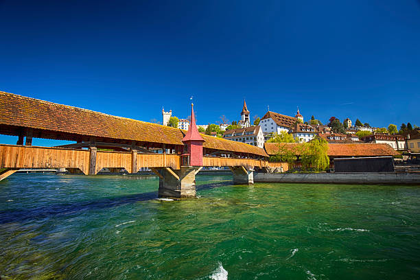 Spreuer bridge in the old city center of Luzern. stock photo