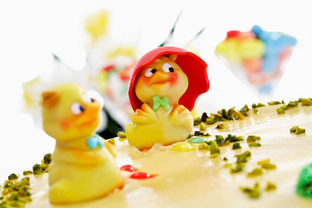 Easter cake, Marzipan cake with pistachio and chick figurines