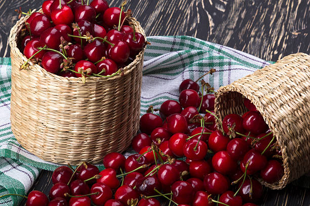 istock Cherry baskets on wooden background 537435966