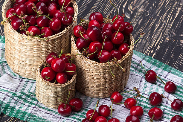 istock Cherry baskets on wooden background 537436138