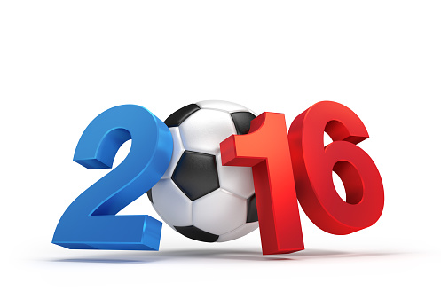 2016 year illustrated with a classic soccer ball, French flag colored, isolated on white