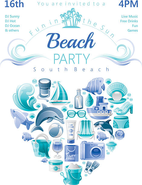 ビーチパーティー - wave island palm tree sea点のイラスト素材／クリップアート素材／マンガ素材／アイコン素材