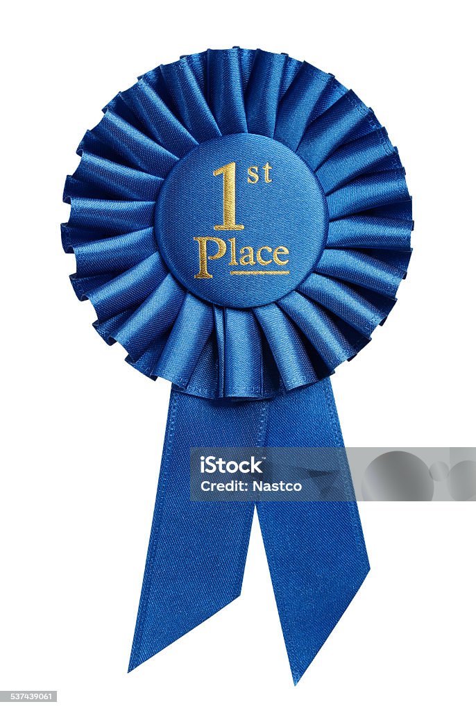 First place award First place award, rosette isolated on white background Award Ribbon Stock Photo