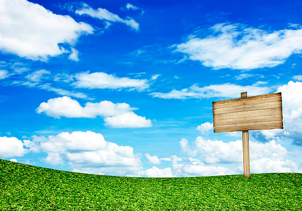 istock Wood planks floor and sign on blue sky 537439517
