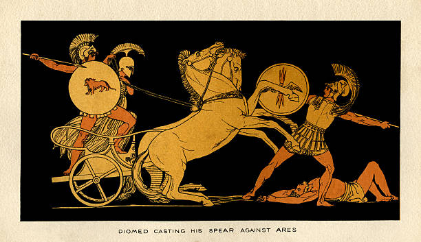 Diomed casting his spear against Ares Diomed (Diomedes) casting his spear against Ares. From “Stories From Homer” by the Rev. Alfred J. Church, M.A.; illustrations from designs by John Flaxman. Published by Seeley, Jackson & Halliday, London, 1878. greece illustrations stock illustrations