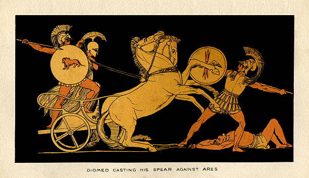 Diomed casting his spear against Ares Diomed (Diomedes) casting his spear against Ares. From “Stories From Homer” by the Rev. Alfred J. Church, M.A.; illustrations from designs by John Flaxman. Published by Seeley, Jackson & Halliday, London, 1878. ulysses stock illustrations