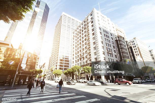 Crowded People On Road Intersection In Downtown Of Los Angeles Stock Photo - Download Image Now