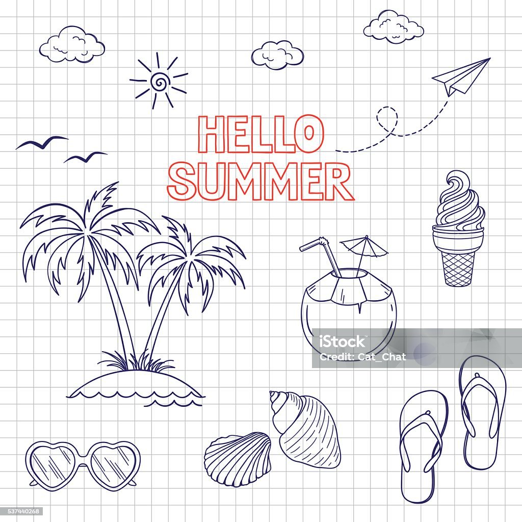 Summertime icons set Set of icons and design elements for summer holidays and beach rest in doodle style Drawing - Art Product stock vector