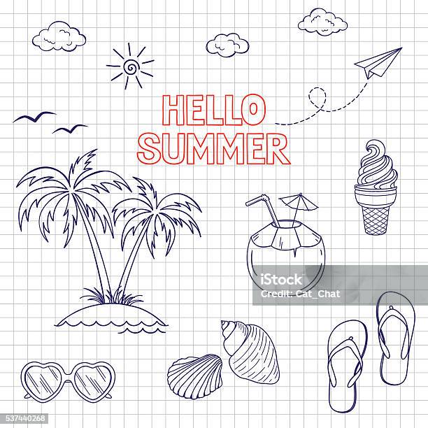 Summertime Icons Set Stock Illustration - Download Image Now - Drawing - Art Product, Sun, Doodle