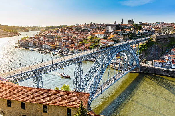 Metro travelling accross the Dom Luis I bridge in Porto stock photo