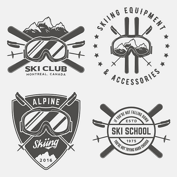 vector set of skiing logos, emblems and design elements vector set of skiing logos, emblems and design elements. logotype templates and badges. outdoor activity symbols skiing stock illustrations