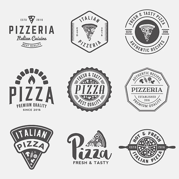 ilustraciones, imágenes clip art, dibujos animados e iconos de stock de vector de conjunto de pizzeria etiquetas y distintivos - pizza