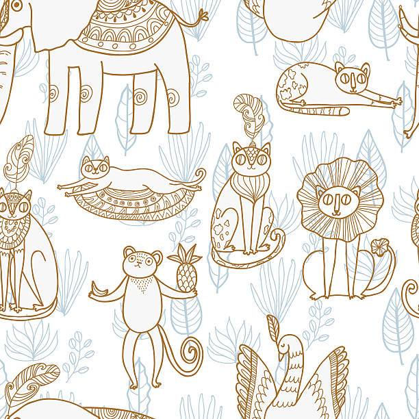 Maharaja Garden vector set. Fun wild jungle animals Maharaja Garden vector set. Fun wild jungle animals in cartoony style for your textile, scrapbook paper, web and stationary design, adult coloring book. czech lion stock illustrations