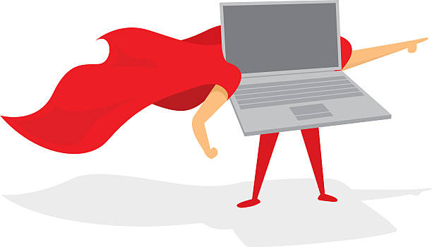 Laptop or computer super hero standing with cape vector art illustration