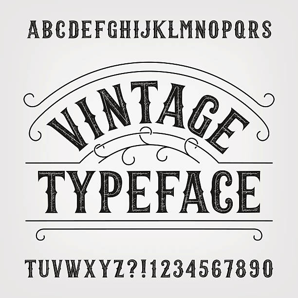 Vintage distressed alphabet vector font Vintage typeface. Retro distressed alphabet vector font. Hand drawn letters and numbers. Vintage vector font for labels, headlines, posters etc. steampunk style stock illustrations