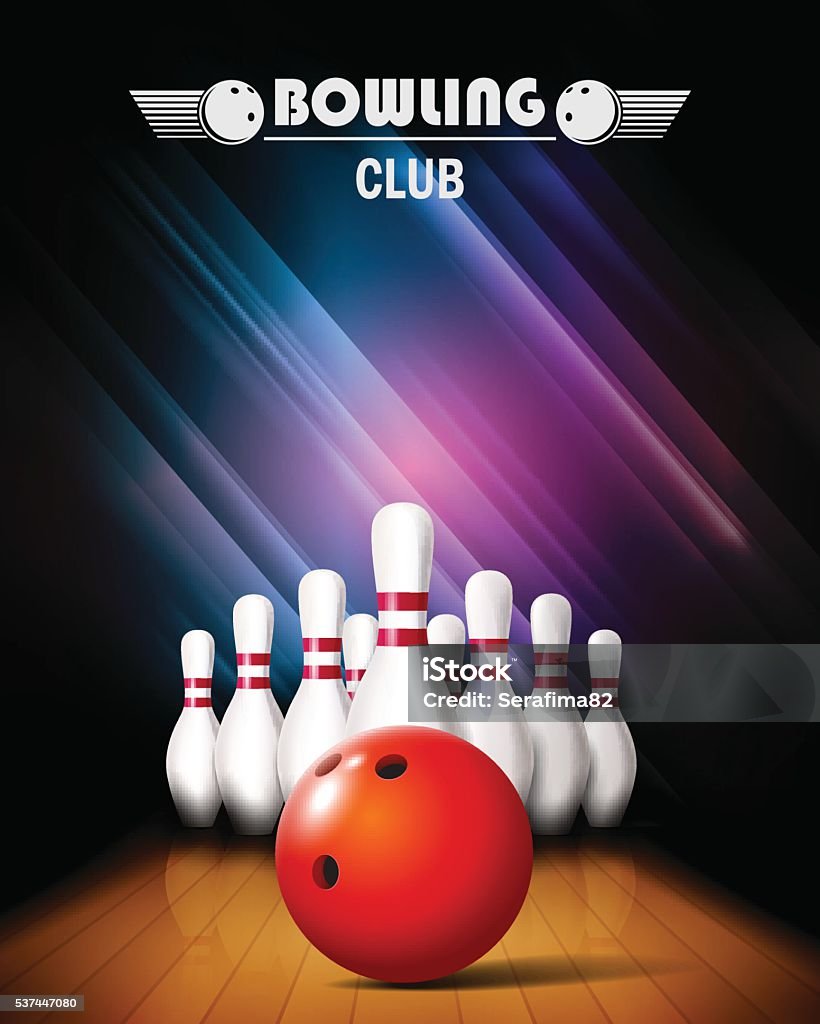 Bowling tournament poster. Bowling poster with ball and bowling pins. Ten Pin Bowling stock vector