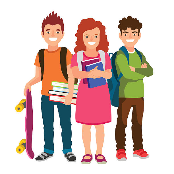 Students with backpacks, books and skateboard The girl and two boys. Students with backpacks, books and skateboard. The concept of school education. Vector illustration on white background. Back to school. boy getting dressed for school stock illustrations