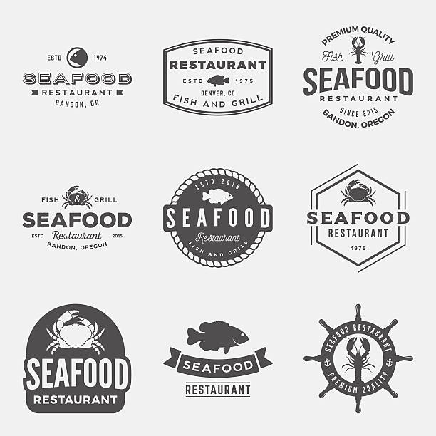ilustraciones, imágenes clip art, dibujos animados e iconos de stock de vector de conjunto de restaurante de mariscos vintage logotipos, emblemas, g - cangrejo de río marisco