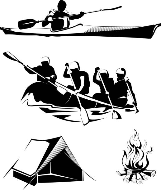stockillustraties, clipart, cartoons en iconen met vector camping rafting labels, logos, emblems - raften