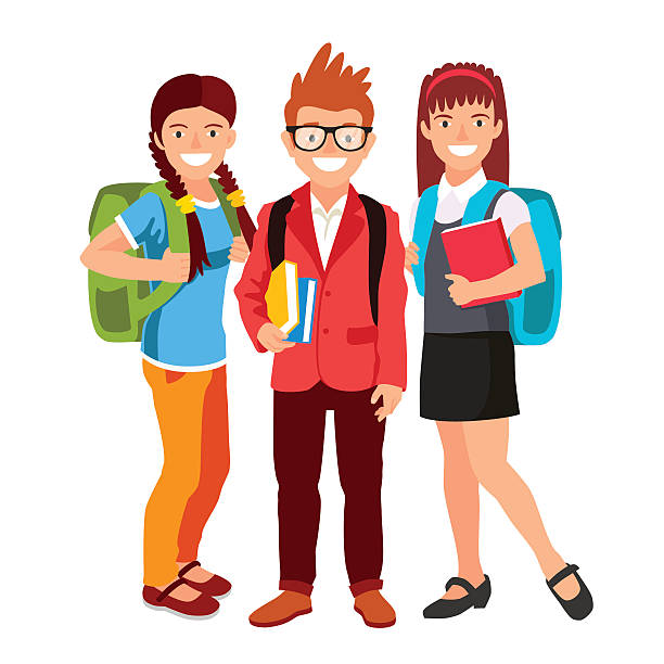Students with backpacks and books. Boy and two girls. Students with backpacks and books. The concept of school education. Vector illustration on white background. Back to school. boy getting dressed for school stock illustrations