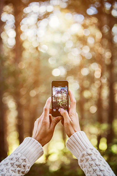 woman photographing trees through smart phone - vertical photography photos et images de collection