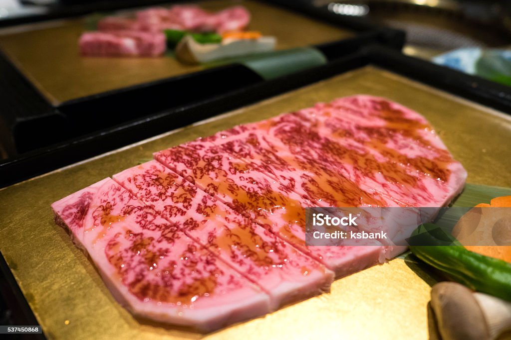 Wagyu Japanese beef A5 on gold plate Asia Stock Photo