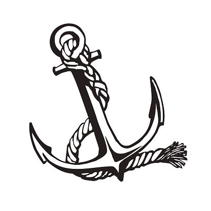 Vector handdrawn illustration. Black anchore on white background. Sailing equipement symbol. Tattoo design.