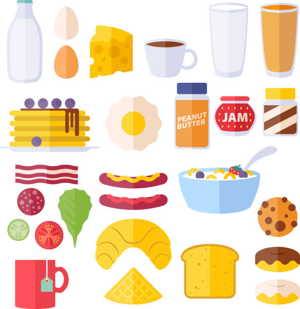 набор красочных иконок завтрак. - bread waffle bacon toast stock illustrations
