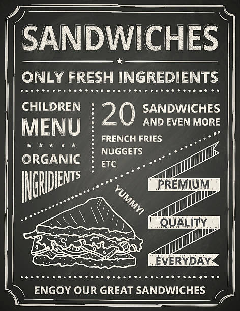 Sandwich poster Sandwich poster on blackboard. Stylized like chalk draw. meat borders stock illustrations