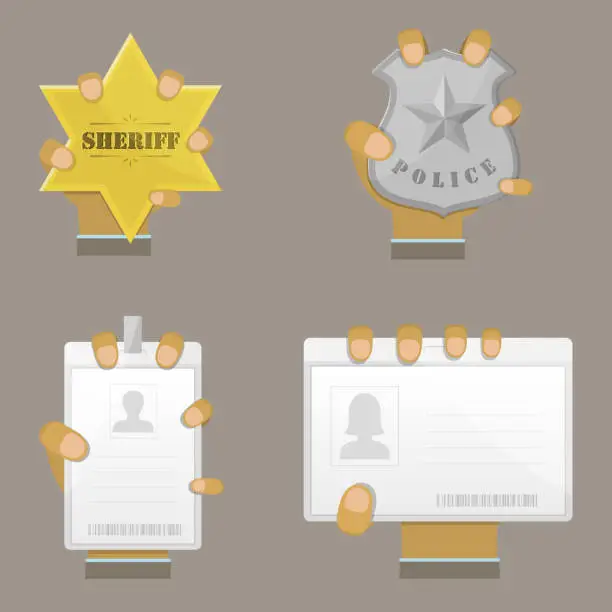 Vector illustration of Mans Hand Holding Different Badges.
