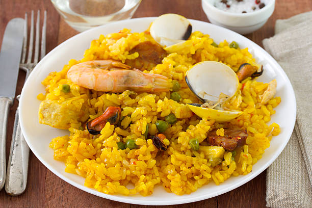 istock rice with seafood and meat in plate 537458207