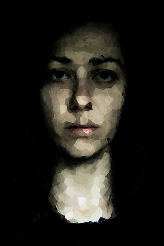 Serious woman portrait on black background. The woman face is all pixelated except for the eyes