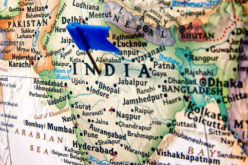 Map of India with blue pin flag