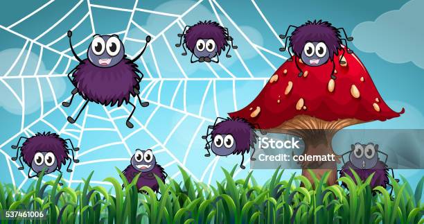 Spiders Climbing On The Spiderweb Stock Illustration - Download Image Now - Animal, Animal Wildlife, Backgrounds
