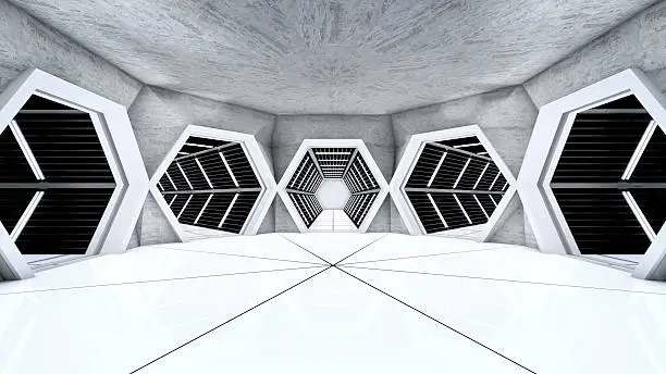 Fantastic spaceship interrior corridors 3D Render
